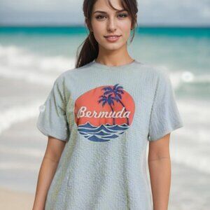 DAVISON'S OF BERMUDA ORIGINAL WOMEN'S TEE SHELL GREY WITH BREEZE BLUE AND RED